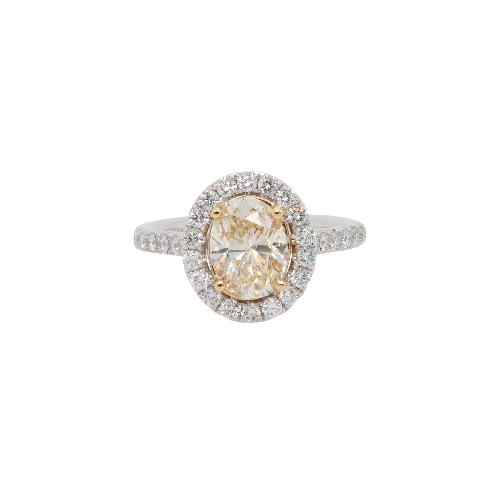 18k White and Yellow Gold GIA Certified 2.09ct Oval Cut Diamond Halo Engagement Ring