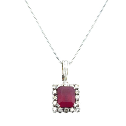 14k White Gold Glass Filled Ruby with Diamond Pendant on a 14k White Gold Classic Box Chain Necklace
