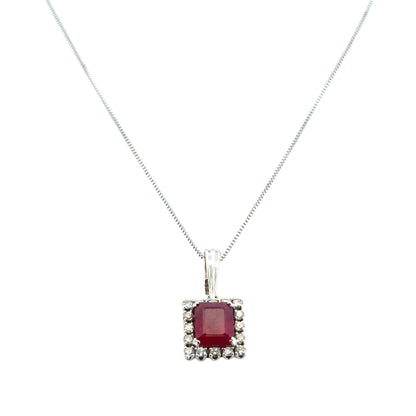 14k White Gold Glass Filled Ruby with Diamond Pendant on a 14k White Gold Classic Box Chain Necklace