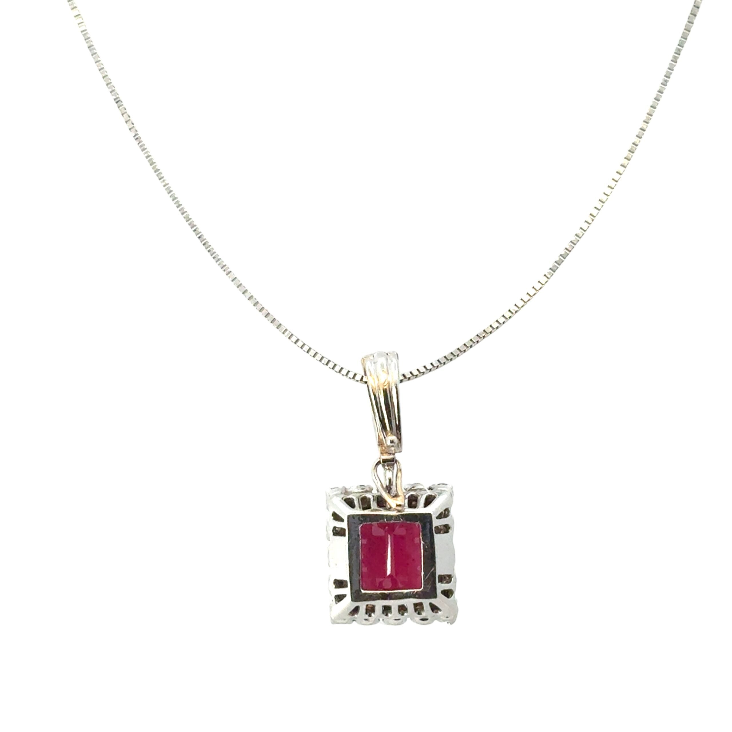 14k White Gold Glass Filled Ruby with Diamond Pendant on a 14k White Gold Classic Box Chain Necklace