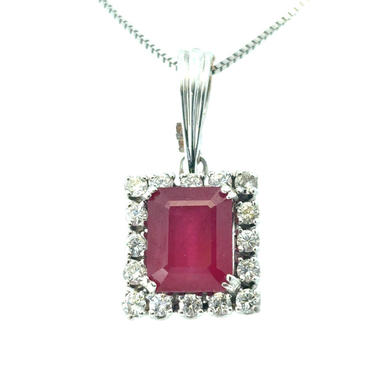 14k White Gold Glass Filled Ruby with Diamond Pendant on a 14k White Gold Classic Box Chain Necklace