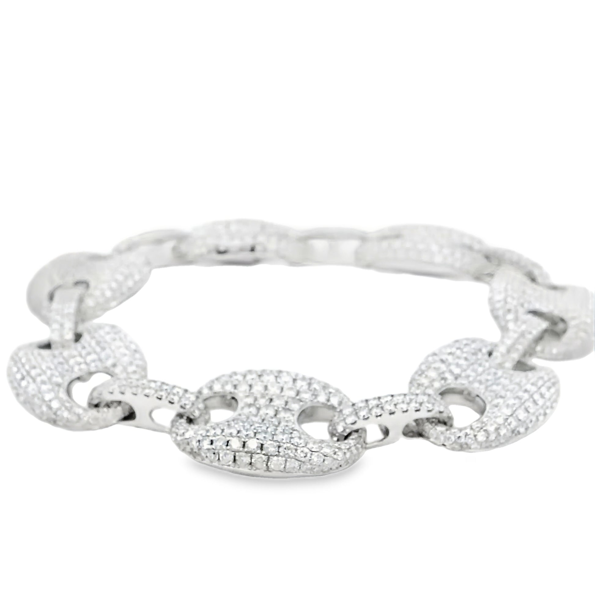 Silver bracelet with interlocking links on a white background