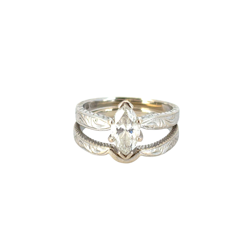 14k White Gold GIA Certified 1.01cw Marquise Cut Diamond Engagement Ring and Matching Wedding Band Set