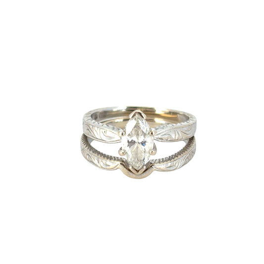 14k White Gold GIA Certified 1.01cw Marquise Cut Diamond Engagement Ring and Matching Wedding Band Set