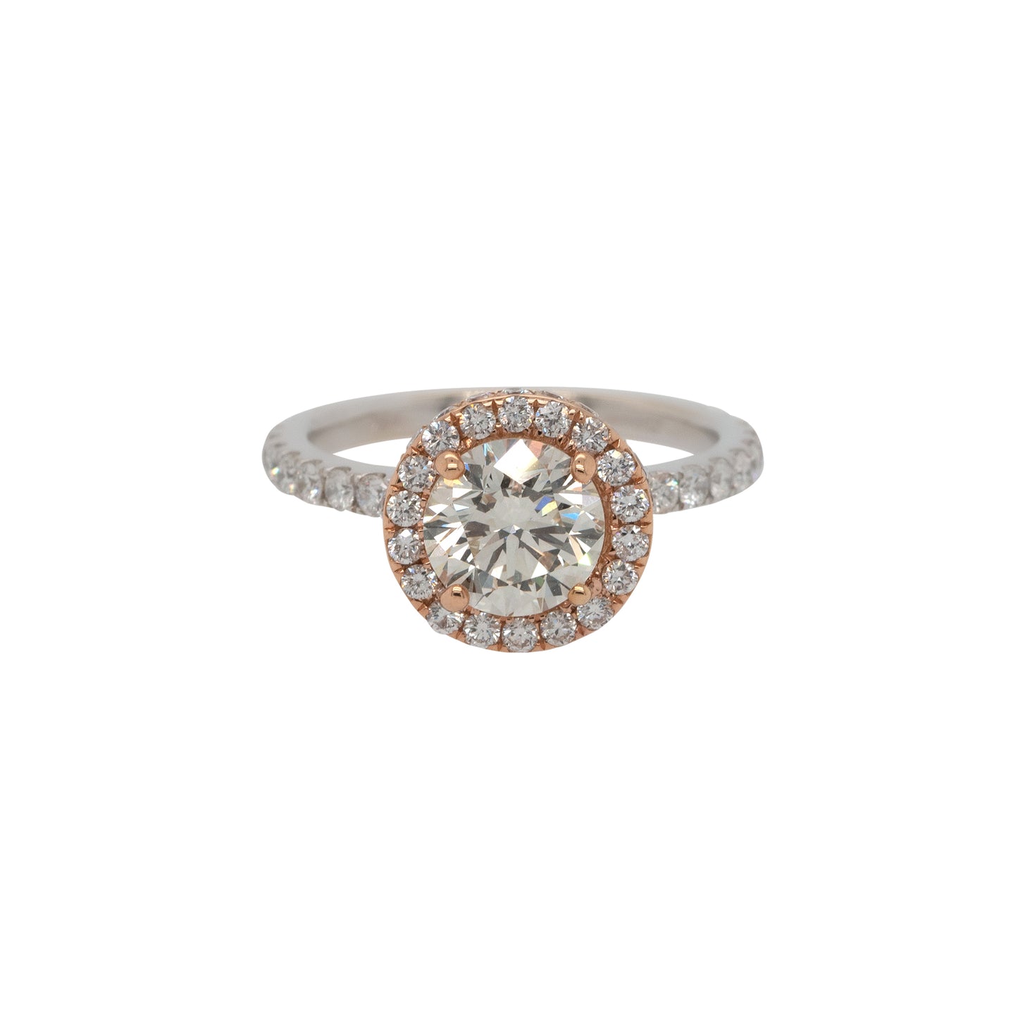 18k Two Tone 1.56ct GIA Certified Natural Round Brilliant Diamond Halo Engagement Ring