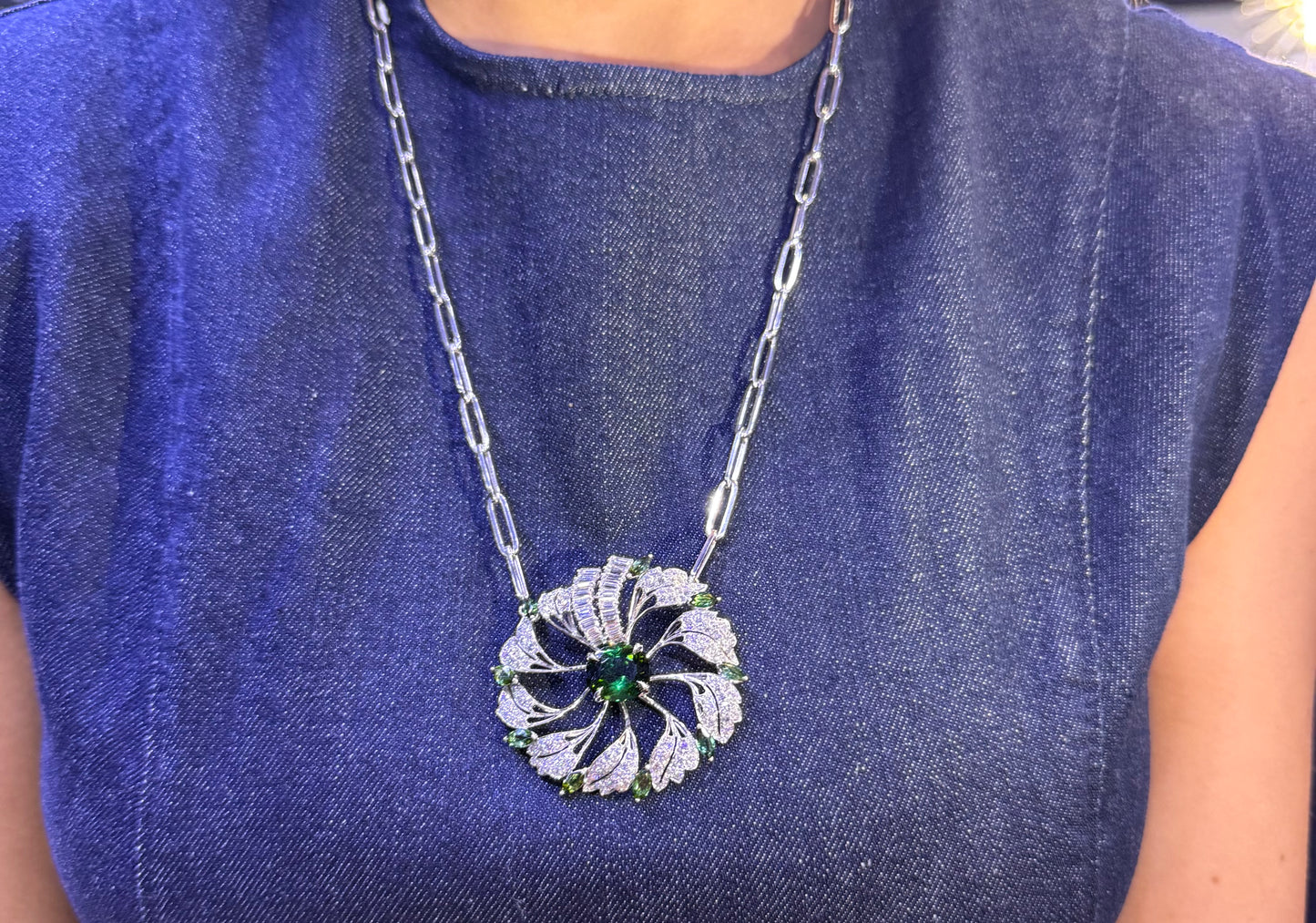 18k White Gold Tourmaline & 4.5ctw Diamond Floral Cluster Statement Paper Clip Necklace