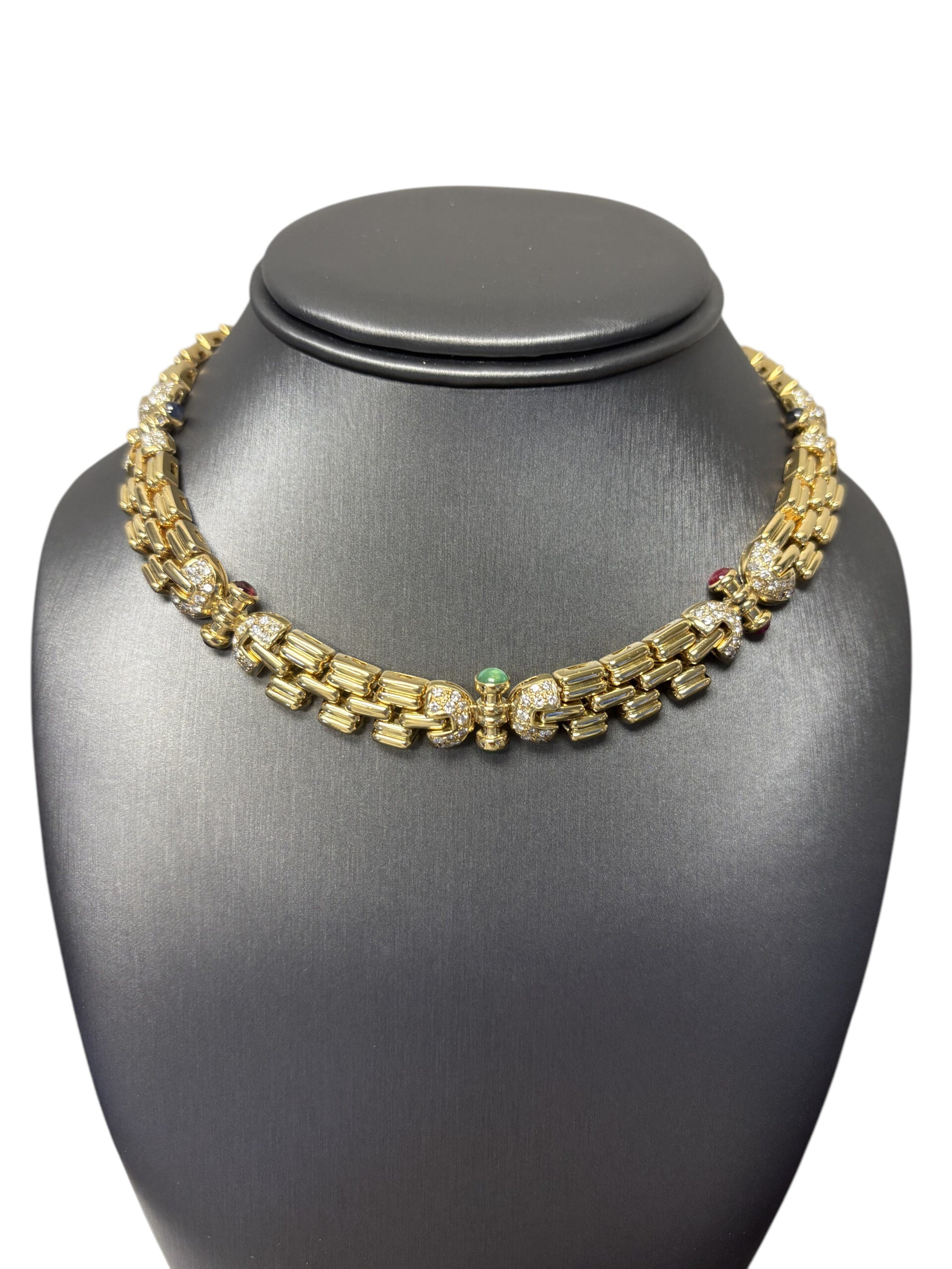 18k Yellow Gold Necklace with Cabochon Ruby Sapphire and Emeralds, Approximately 3ctw of Natural Diamonds