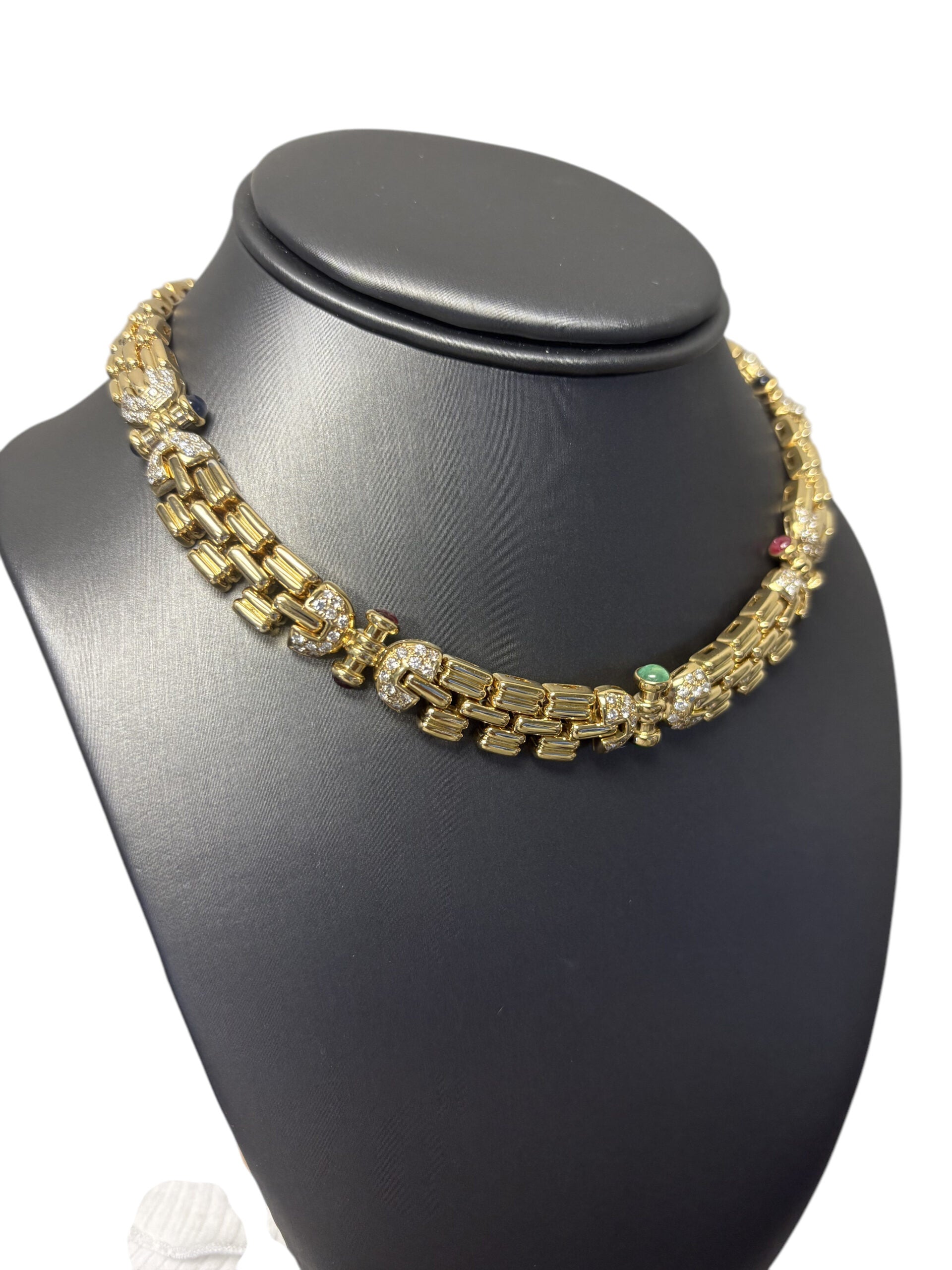 18k Yellow Gold Necklace with Cabochon Ruby Sapphire and Emeralds, Approximately 3ctw of Natural Diamonds
