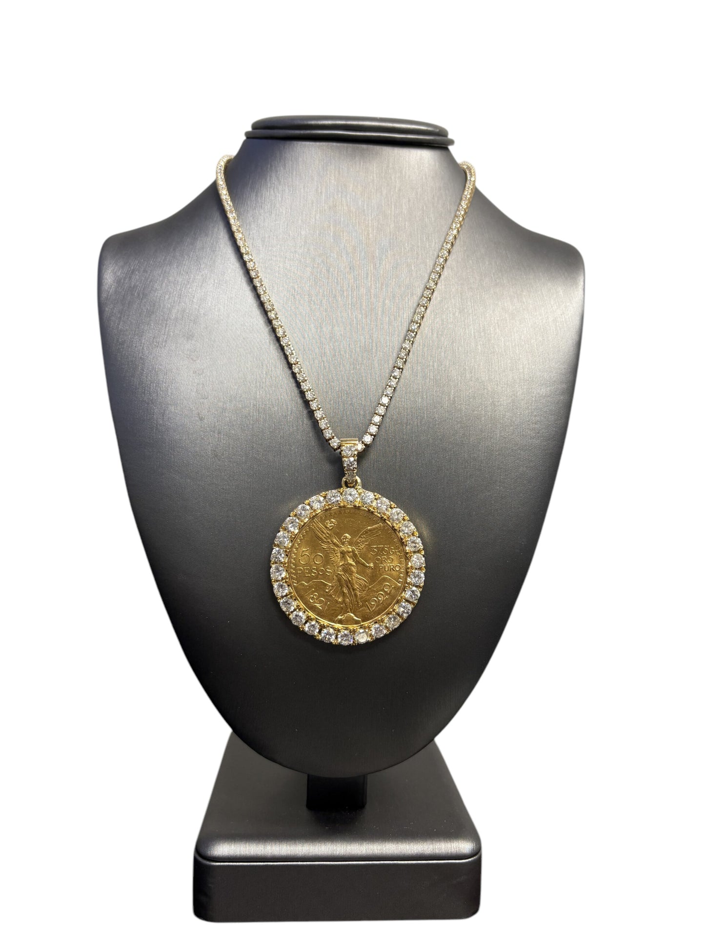 18k Yellow Gold Diamond Bezel Pendant with 1922 50 Peso 24k Gold Coin on a 14k Yellow Gold Tennis Necklace