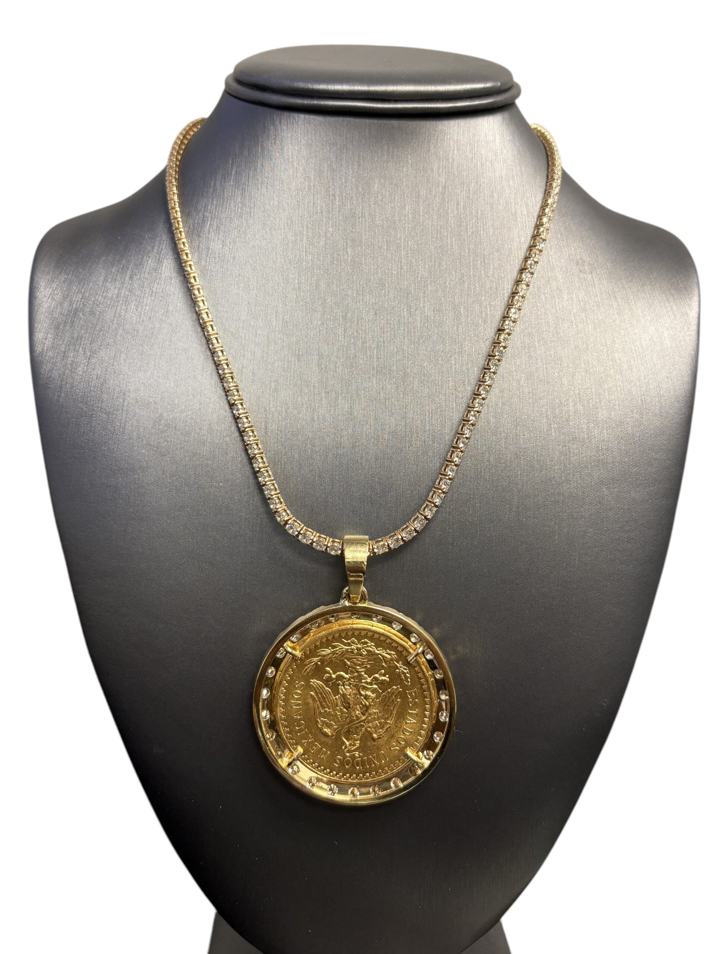 18k Yellow Gold Diamond Bezel Pendant with 1922 50 Peso 24k Gold Coin on a 14k Yellow Gold Tennis Necklace