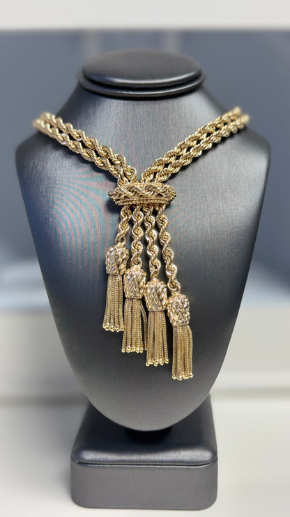 14k Yellow Gold Two Layered 2mm Rope Chain with Tassels Necklace