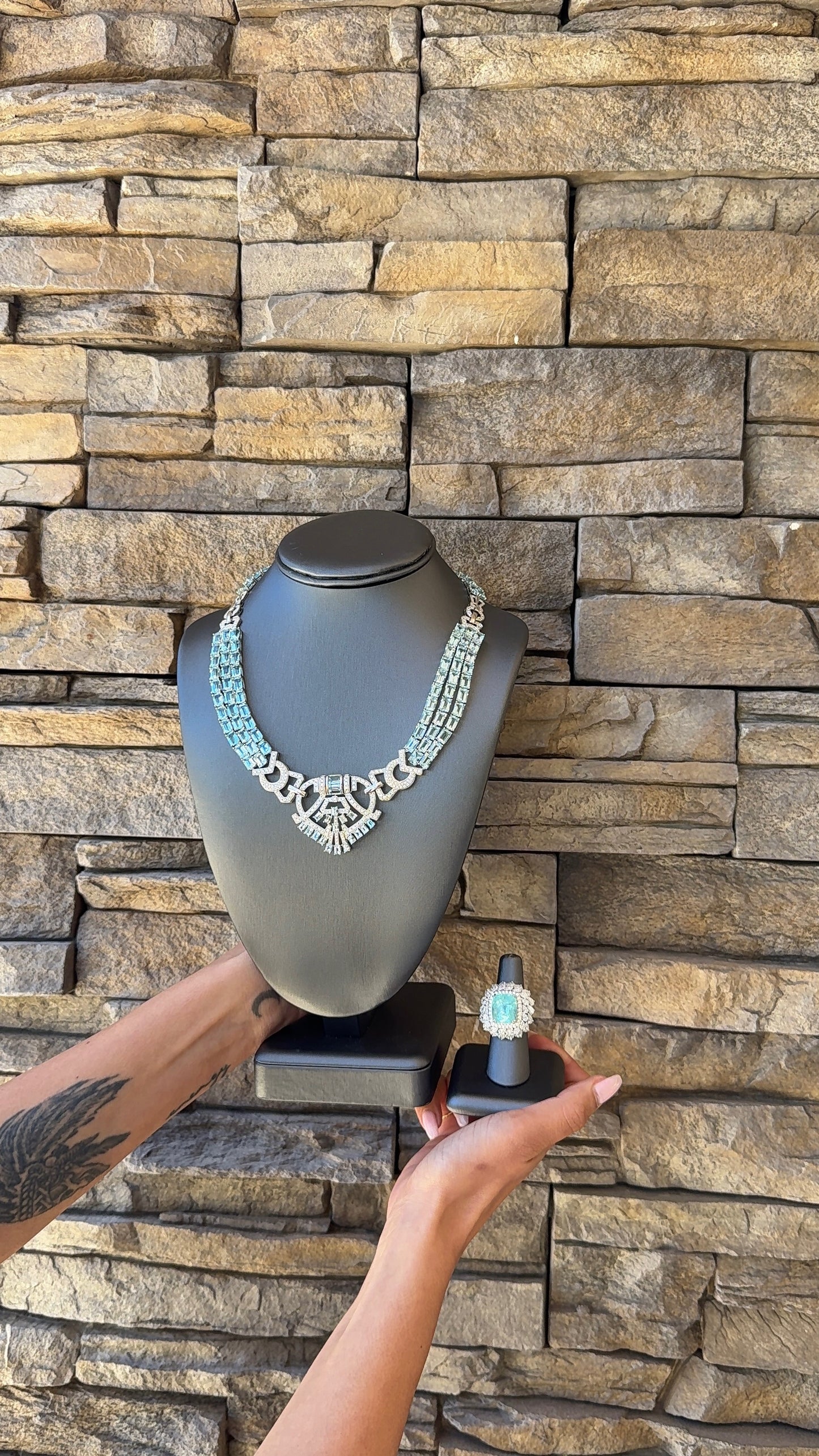 18k White Gold GIA 15.79ct Tourmaline Ring and 108.75ctw Aquamarine Geometric Necklace