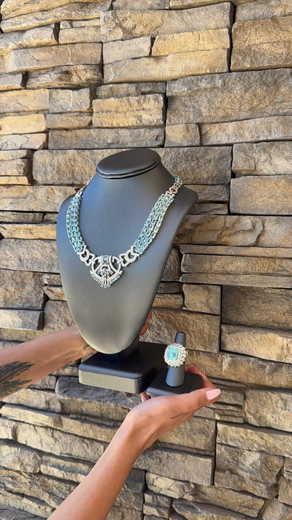 18k White Gold GIA 15.79ct Tourmaline Ring and 108.75ctw Aquamarine Geometric Necklace