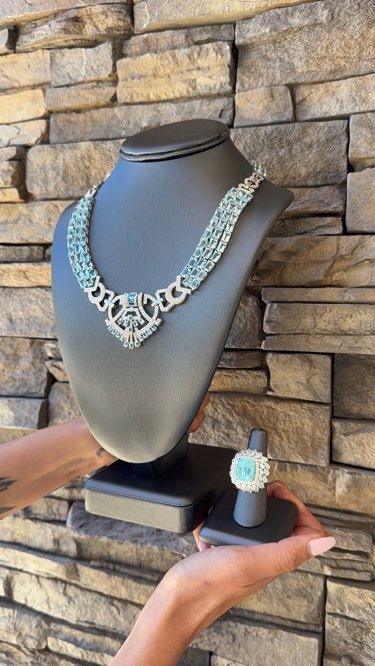 18k White Gold GIA 15.79ct Tourmaline Ring and 108.75ctw Aquamarine Geometric Necklace