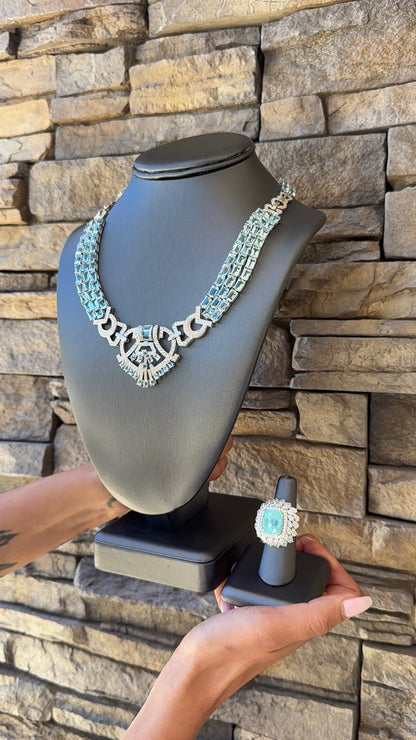 18k White Gold GIA 15.79ct Tourmaline Ring and 108.75ctw Aquamarine Geometric Necklace