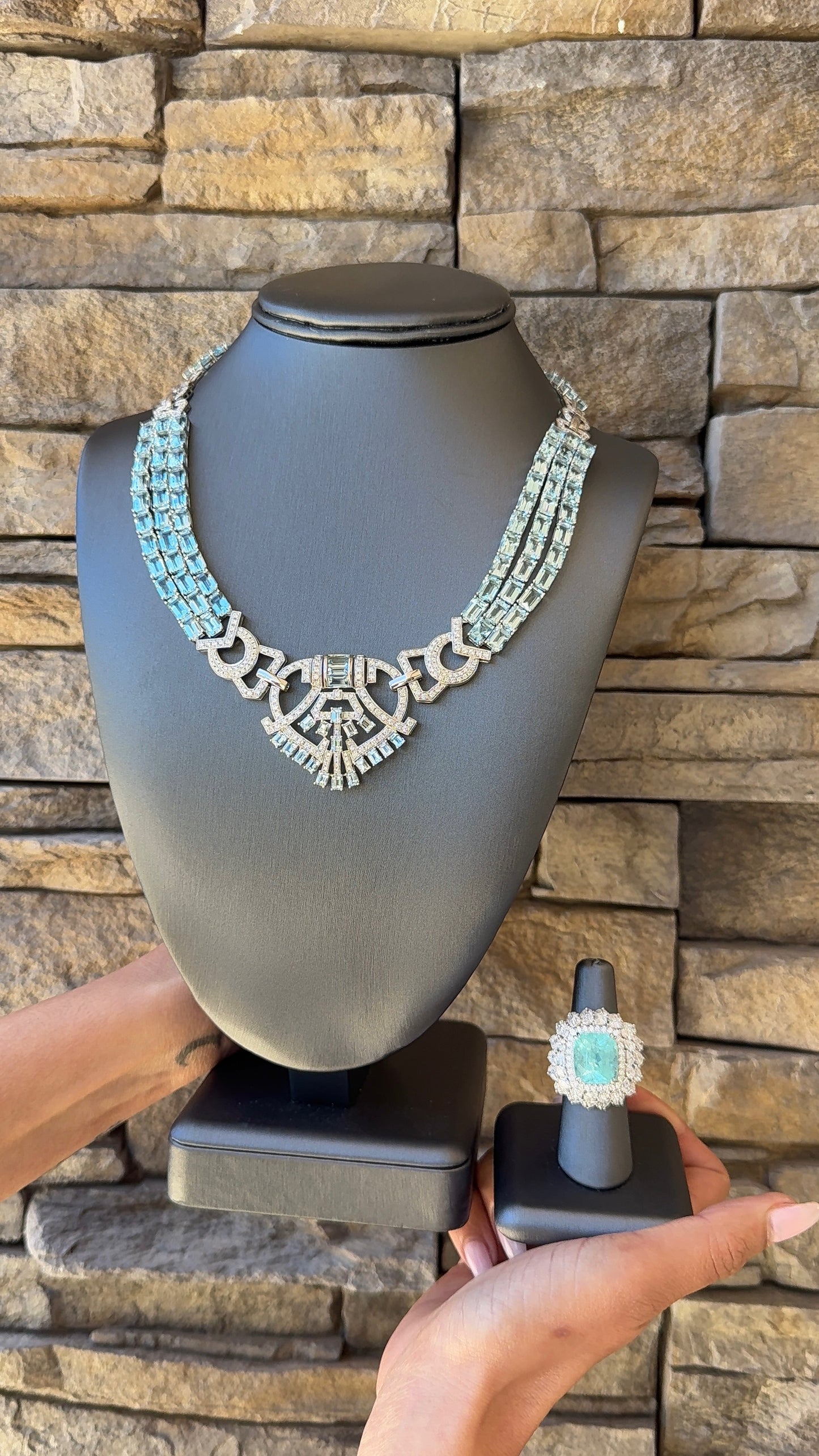 18k White Gold GIA 15.79ct Tourmaline Ring and 108.75ctw Aquamarine Geometric Necklace