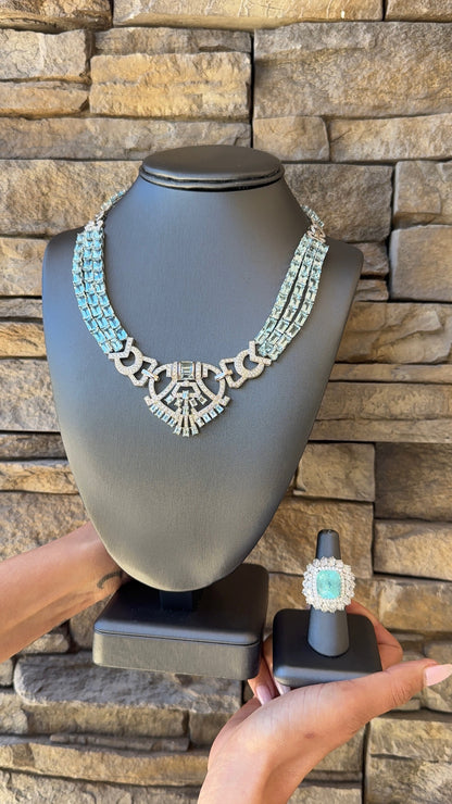 18k White Gold GIA 15.79ct Tourmaline Ring and 108.75ctw Aquamarine Geometric Necklace