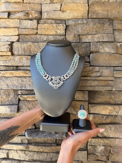 18k White Gold GIA 15.79ct Tourmaline Ring and 108.75ctw Aquamarine Geometric Necklace