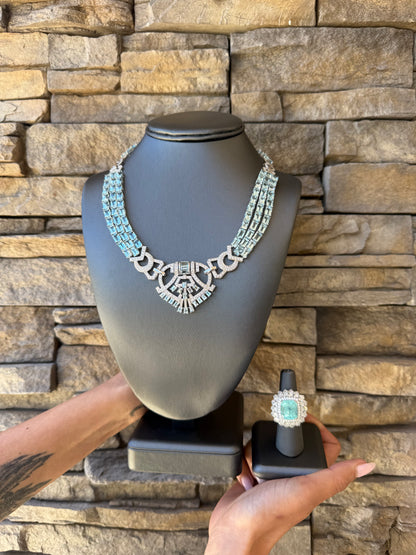 18k White Gold GIA 15.79ct Tourmaline Ring and 108.75ctw Aquamarine Geometric Necklace