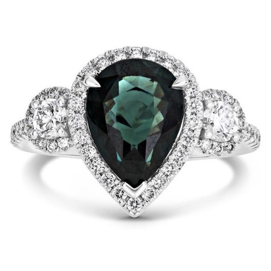 PLATINUM 3.63 PEAR SHAPE GREEN SAPPHIRE AND DIAMOND RING — view 1