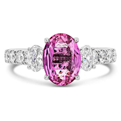 Three Stone Ring With Pink Sapphire and Oval Diamonds — view 1