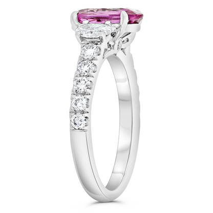 Three Stone Ring With Pink Sapphire and Oval Diamonds — view 3