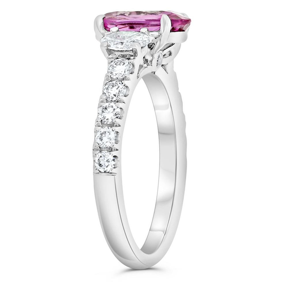 Three Stone Ring With Pink Sapphire and Oval Diamonds — view 3