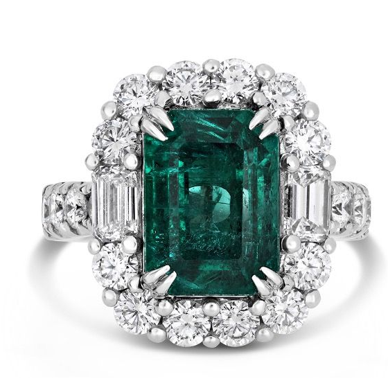 Platinum 5.70 ct Diamond Halo Emerald Ring — view 1
