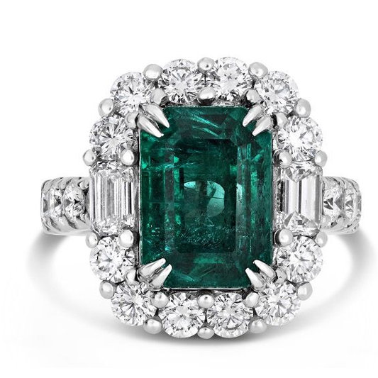 Platinum 5.70 ct Diamond Halo Emerald Ring — view 1