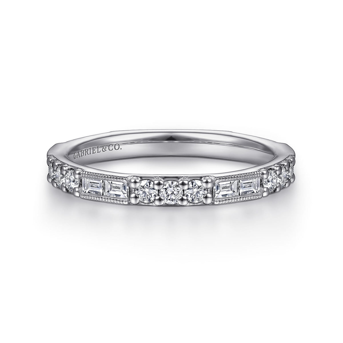 14K White Gold Baguette and Round Diamond Stackable Ring — Gabriel & Co. LR4572W45JJ