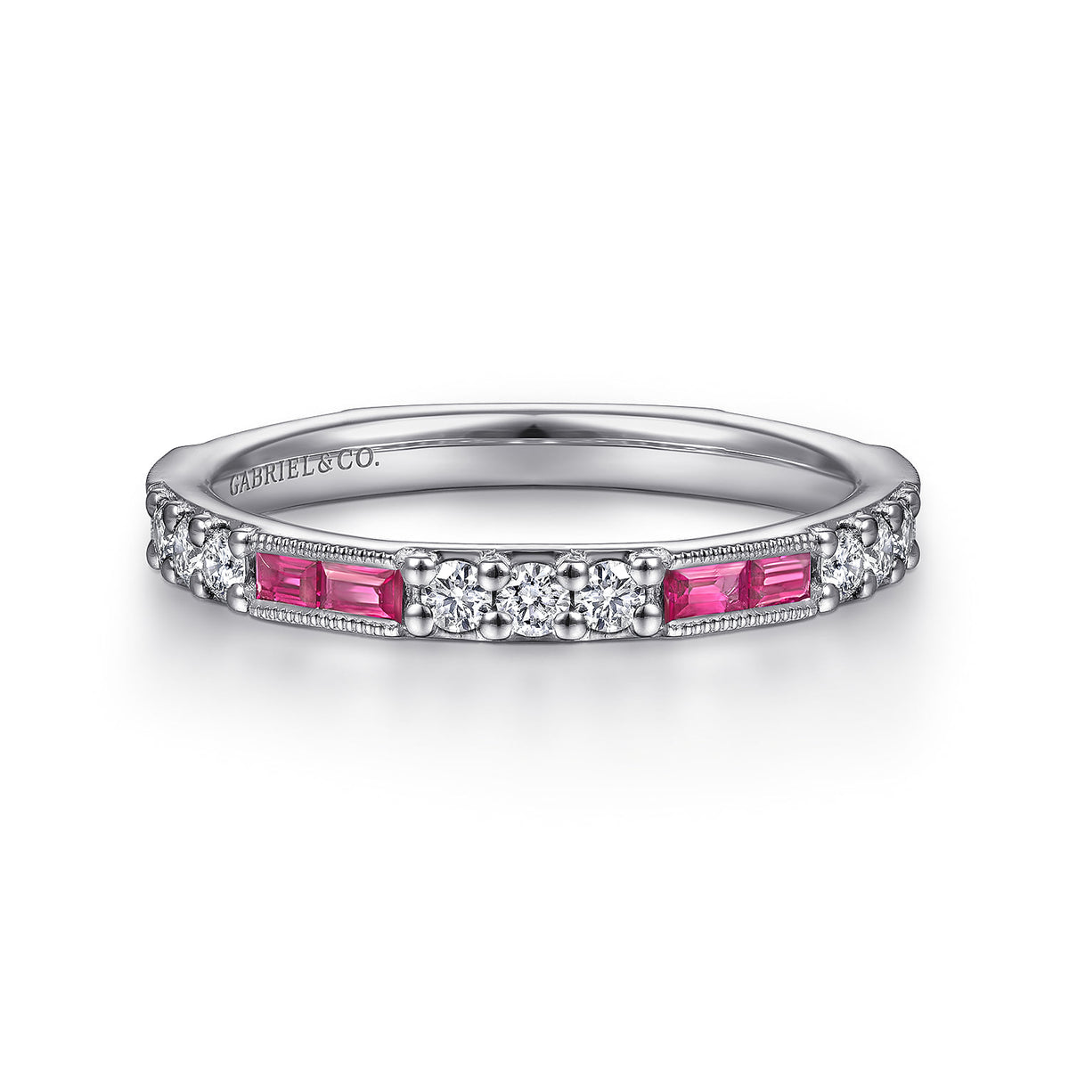 14K White Gold Ruby Baguette and Diamond Stackable Ring — Gabriel & Co. LR4572W45RA