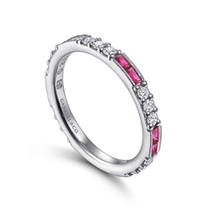 14K White Gold Ruby Baguette and Diamond Stackable Ring — Gabriel & Co. LR4572W45RA