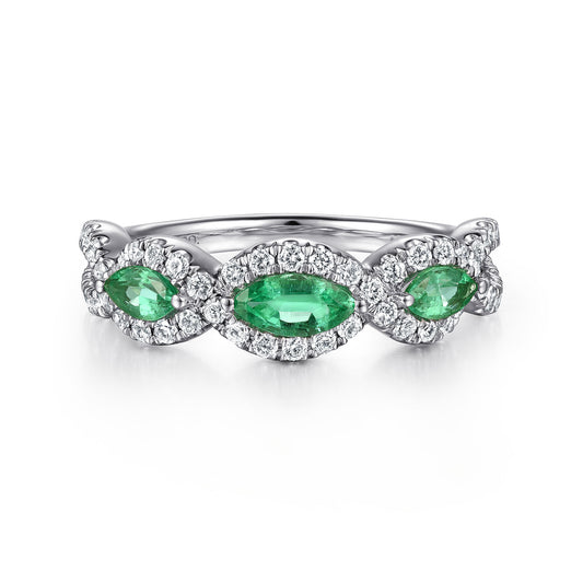 14K White Gold Twisted Diamond Rows and Emerald Marquise Stones Ring — Gabriel & Co. LR50257W45EA