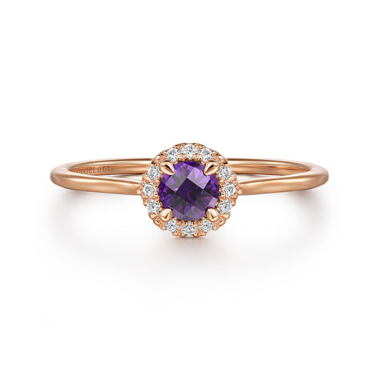 14K Rose Gold Amethyst and Diamond Halo Promise Ring — Gabriel & Co. LR51264K45AM