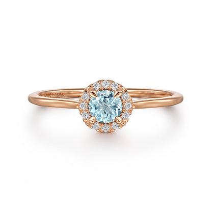 14K Rose Gold Aquamarine and Diamond Halo Promise Ring — Gabriel & Co. LR51264K45AQ