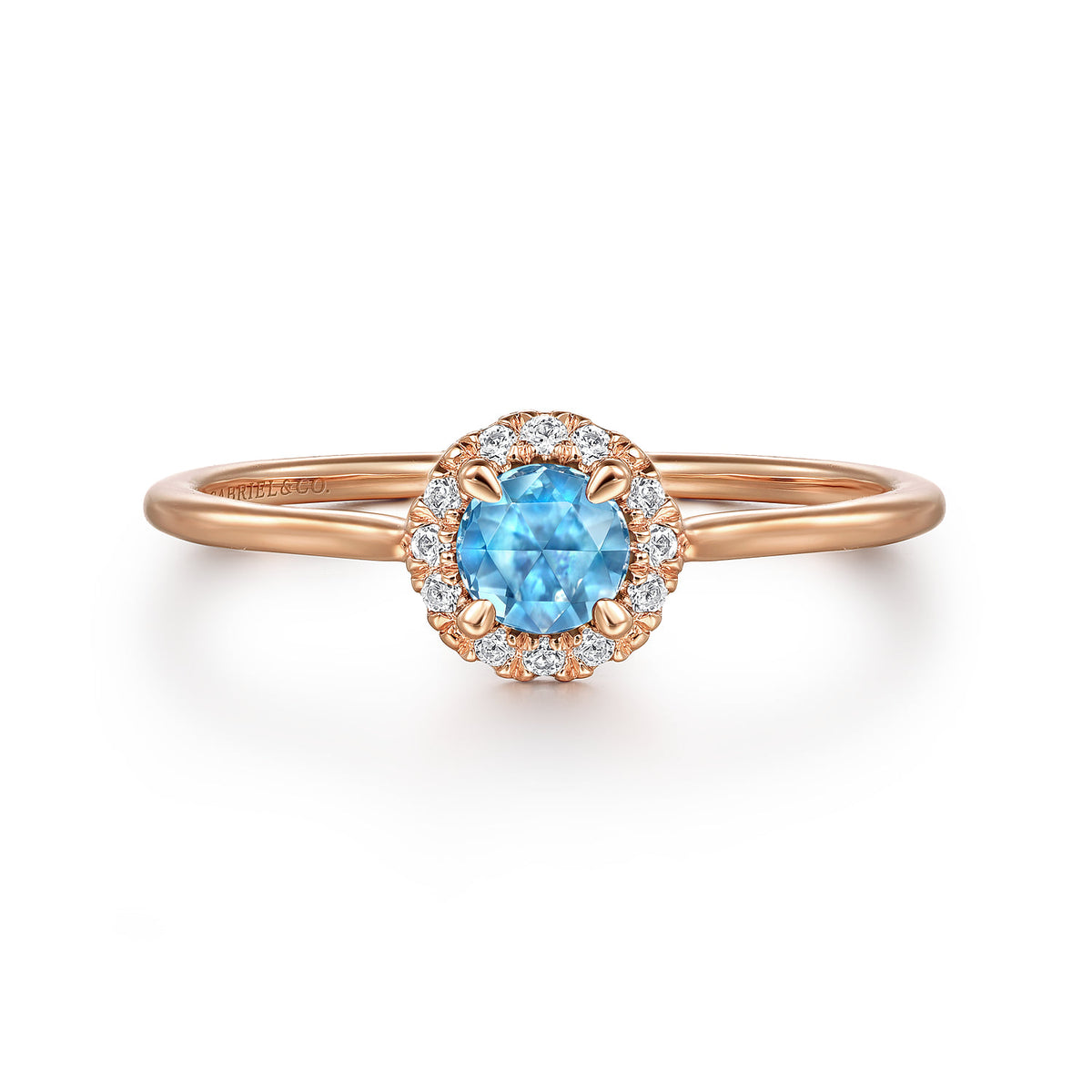 14K Rose Gold Blue Topaz and Diamond Halo Promise Ring — Gabriel & Co. LR51264K45BT