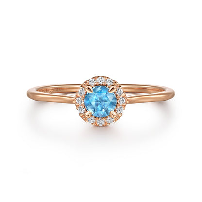 14K Rose Gold Blue Topaz and Diamond Halo Promise Ring — Gabriel & Co. LR51264K45BT