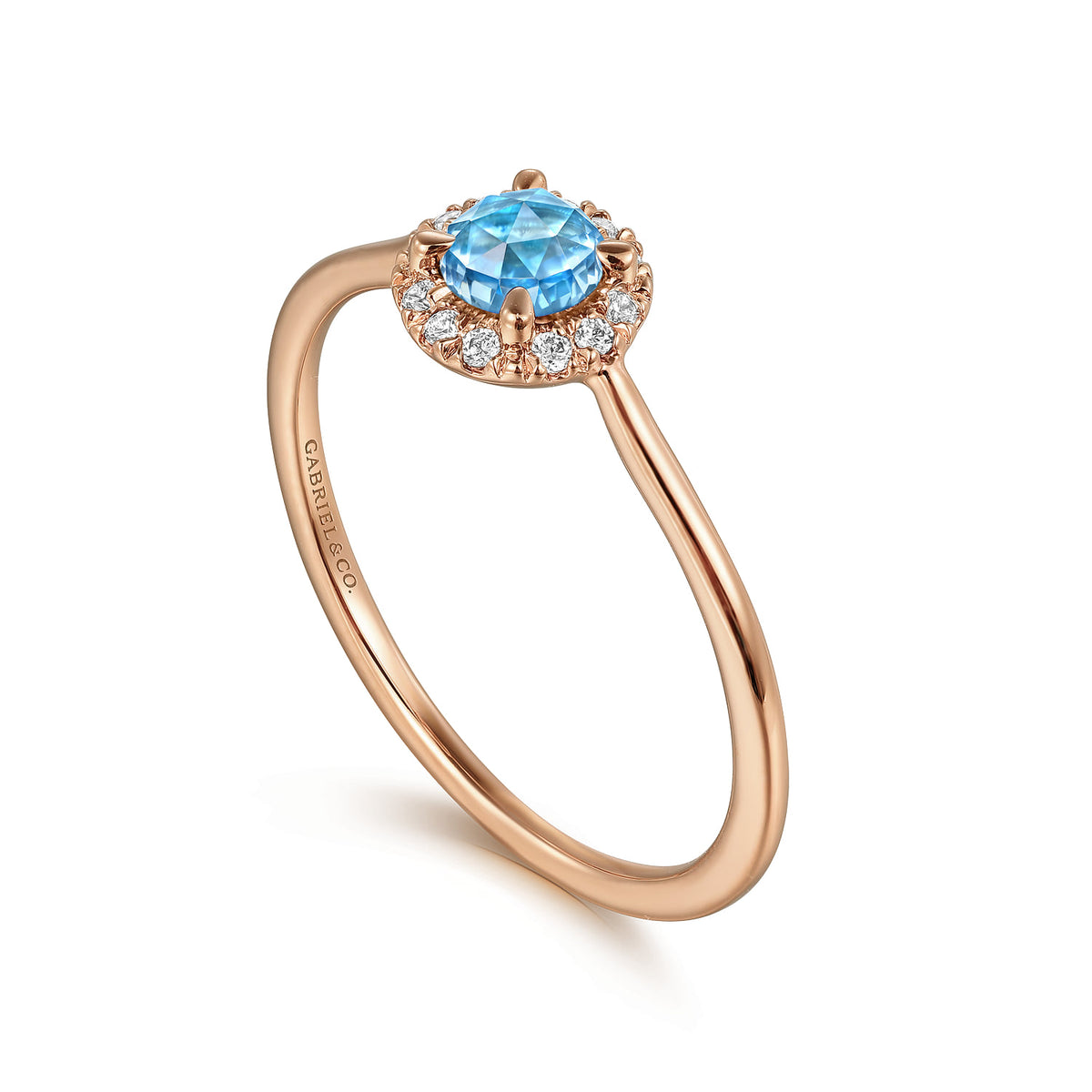 14K Rose Gold Blue Topaz and Diamond Halo Promise Ring — Gabriel & Co. LR51264K45BT
