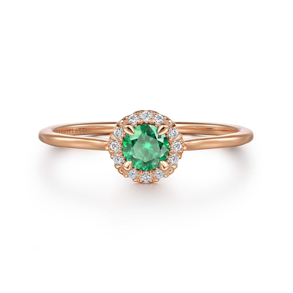 14K Rose Gold Emerald and Diamond Halo Promise Ring — Gabriel & Co. LR51264K45EA