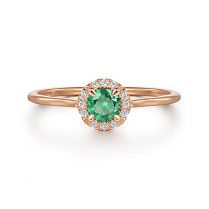 14K Rose Gold Emerald and Diamond Halo Promise Ring — Gabriel & Co. LR51264K45EA