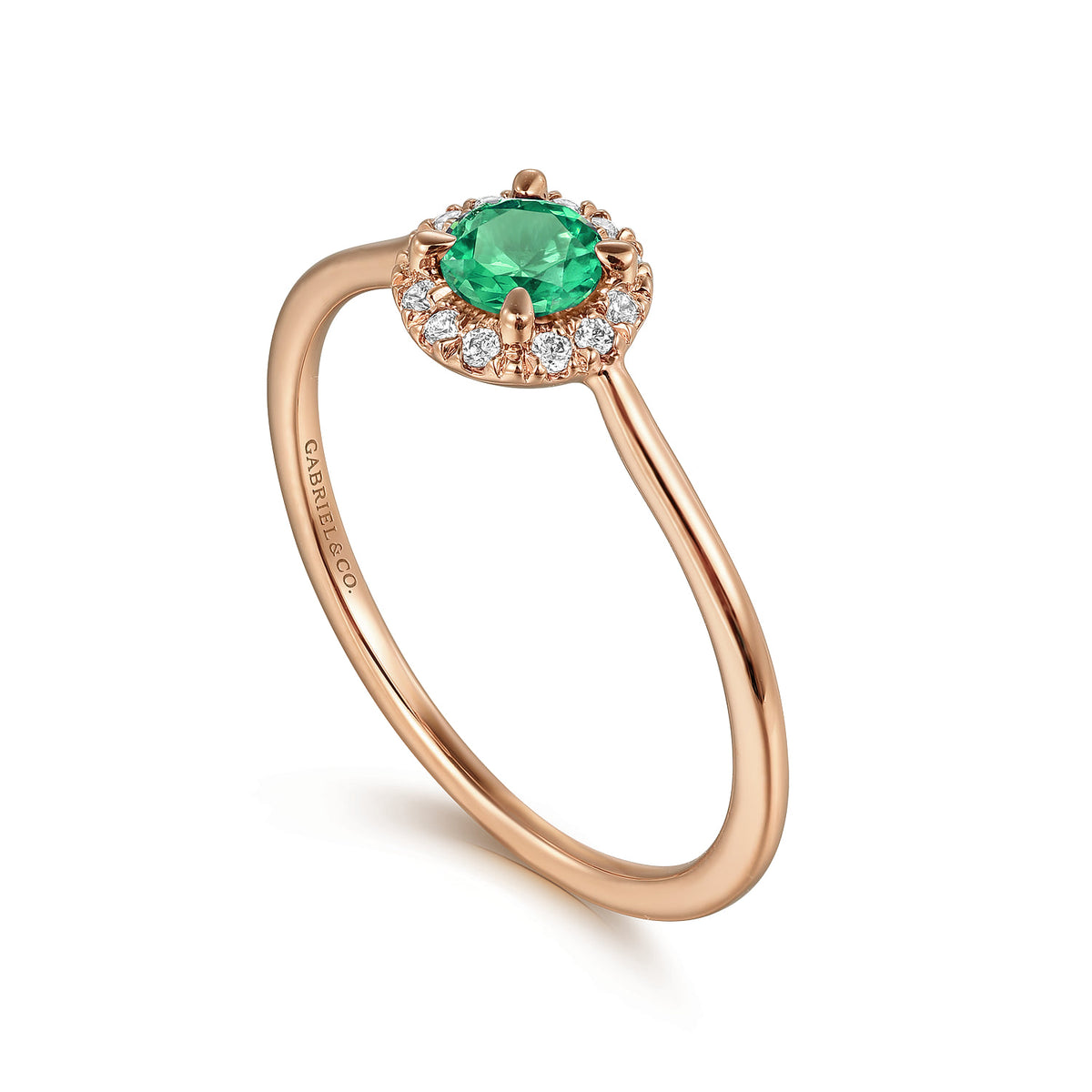 14K Rose Gold Emerald and Diamond Halo Promise Ring — Gabriel & Co. LR51264K45EA