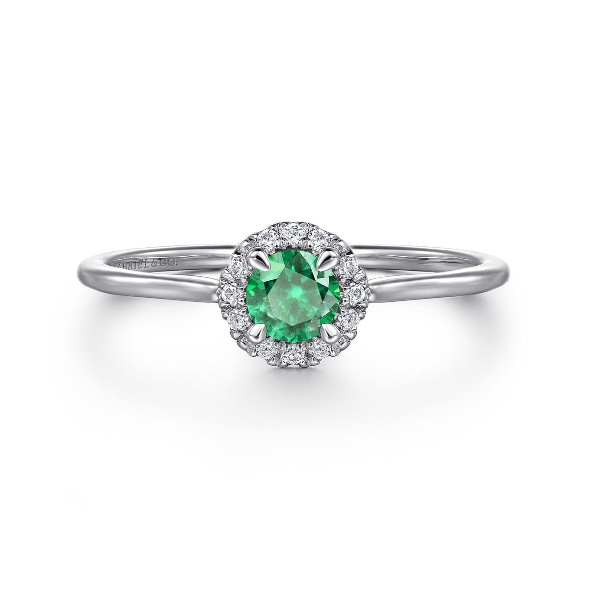 14K White Gold Emerald and Diamond Halo Ring — Gabriel & Co. LR51264W45EA