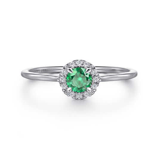 14K White Gold Emerald and Diamond Halo Ring — Gabriel & Co. LR51264W45EA