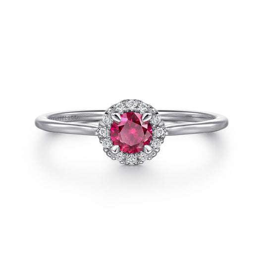 14K White Gold Ruby and Diamond Halo Promise Ring — Gabriel & Co. LR51264W45RA