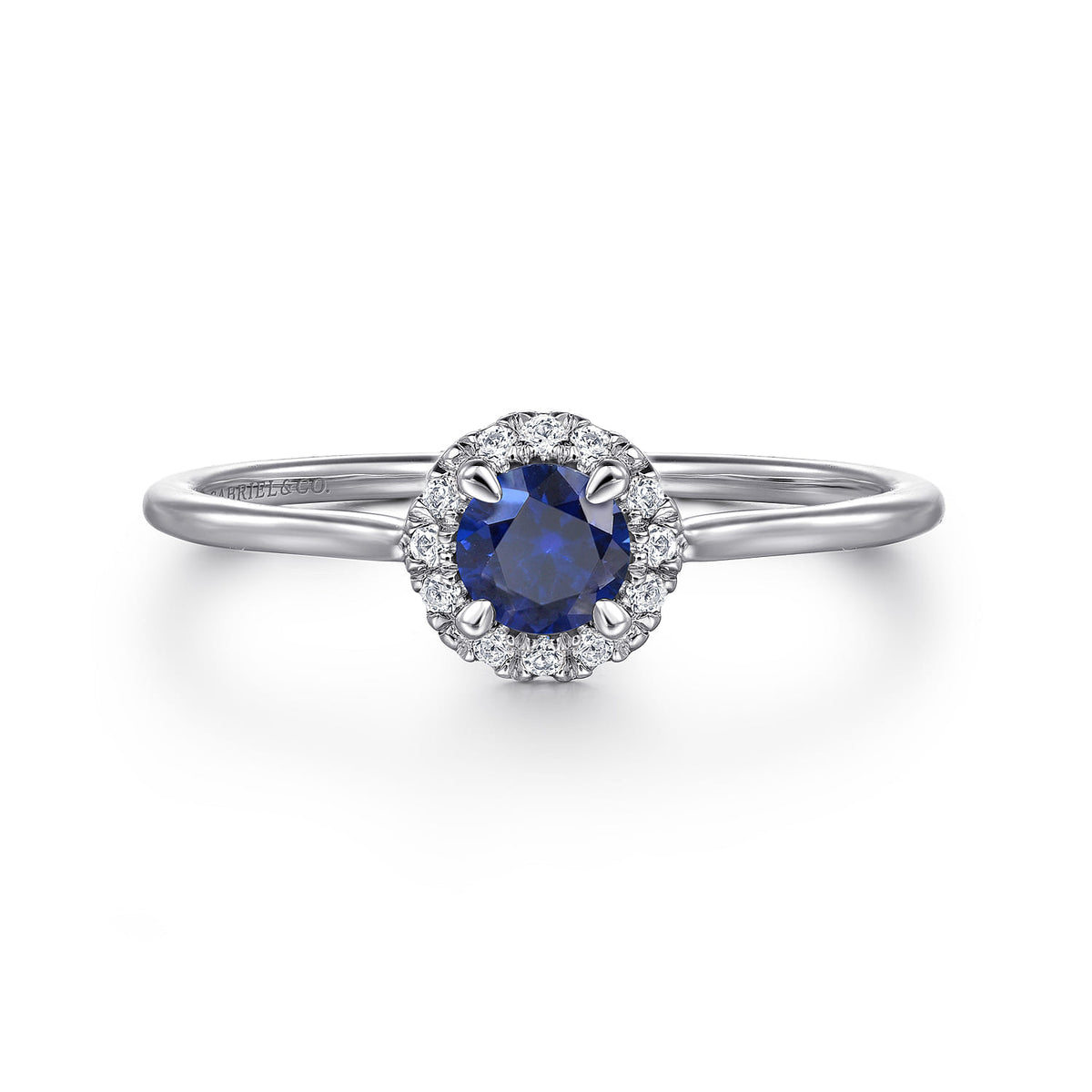 14K White Gold Blue Sapphire and Diamond Halo Promise Ring — Gabriel & Co. LR51264W45SA
