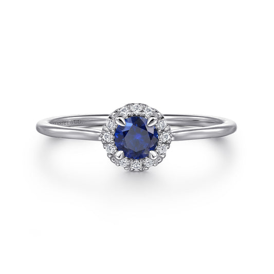 14K White Gold Blue Sapphire and Diamond Halo Promise Ring — Gabriel & Co. LR51264W45SA
