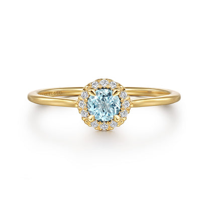 14K Yellow Gold Aquamarine and Diamond Halo Promise Ring — Gabriel & Co. LR51264Y45AQ