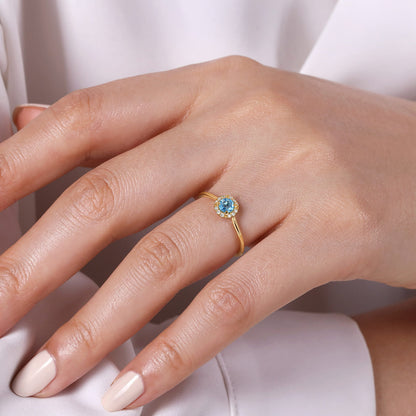 14K Yellow Gold Blue Topaz and Diamond Halo Promise Ring — Gabriel & Co. LR51264Y45BT