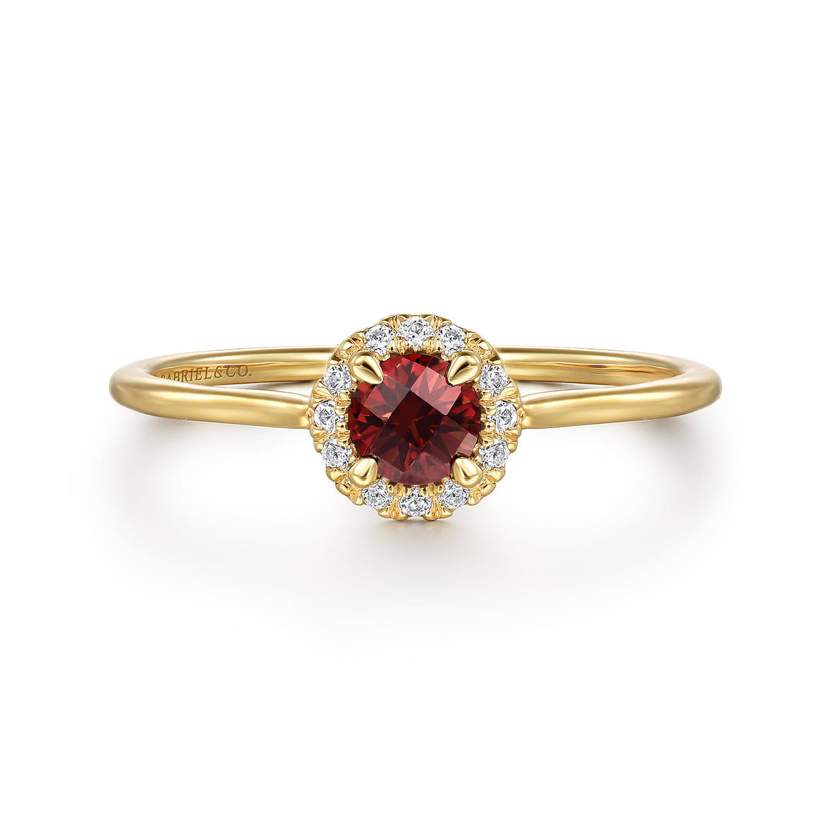 14K Yellow Gold Garnet and Diamond Halo Promise Ring — Gabriel & Co. LR51264Y45GN