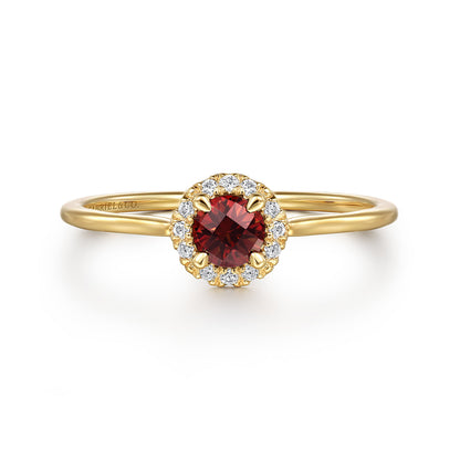 14K Yellow Gold Garnet and Diamond Halo Promise Ring — Gabriel & Co. LR51264Y45GN